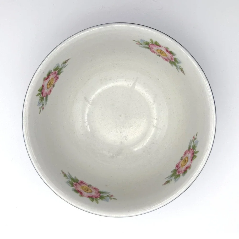 Vintage Hall China Wild Rose Bowl Cadet Blue Floral Cottage Grandma Core Shabby